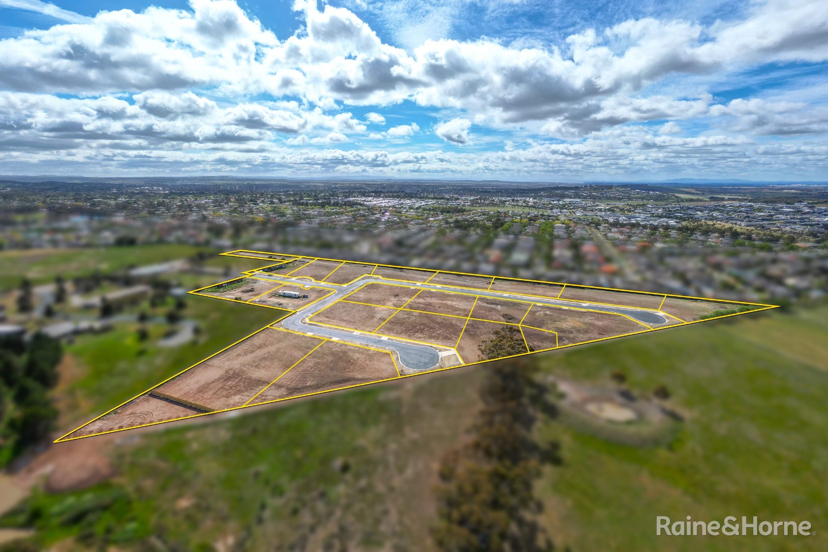 Aerial view of The Barrington estate outlined in gold at 70 Barrington Lane, Sunbury