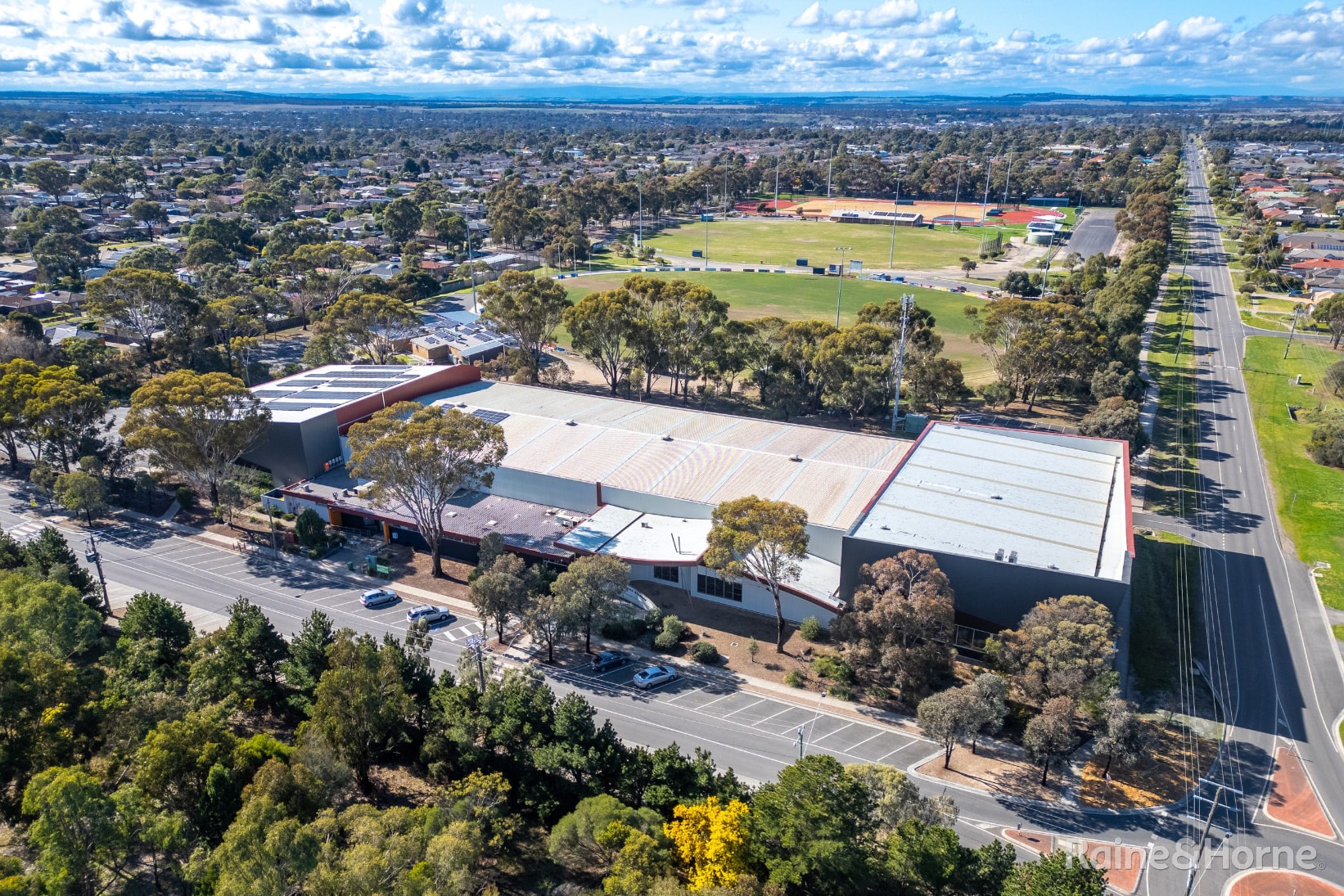 Aerial view of the Sunbury leisure centre and sporting grounds