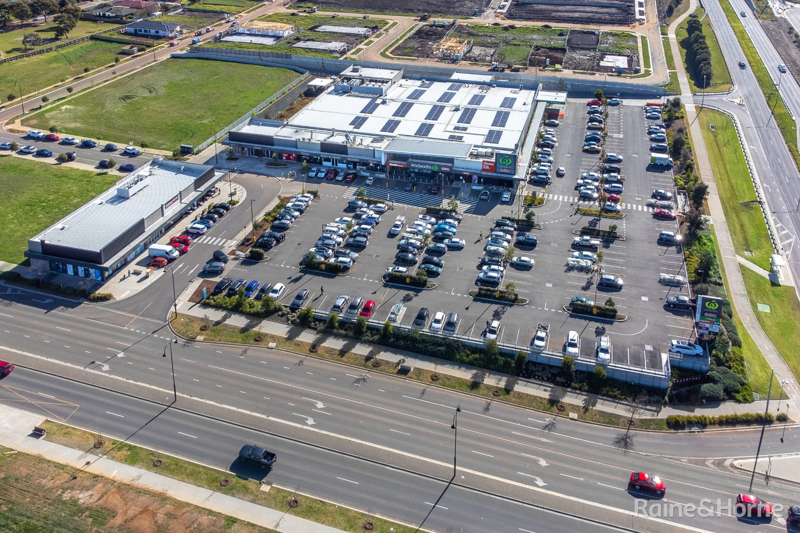 Aerial view of the Sunbury shopping precinct with supermarkets and cafés